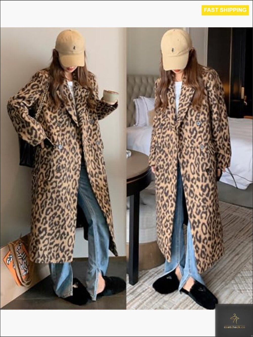 Leopard Print Wool Blend Pea Coat Double Breasted Trench Overcoat Winter Warm - Picture 5 of 7
